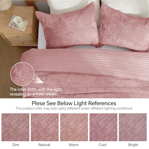 BEDELITE Velvet Quilt Set King Size, Luxury Velvet Comforter for All Season, Lightweight Soft Quilted Bedding Set, Striped Channel Oversized Bedspread Coverlet with 2 Pillow Shams, Rose Pink - Thumbnail 3