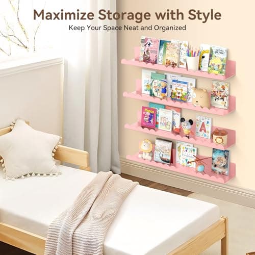 Gattlukd Floating Shelves for Wall, 23 Inch Metal Nursery Book Shelves 4 Pack, Wall Mounted Book Shelf for Kids Room, Bedroom, Bathroom, Playroom Decor (Pink) - Thumbnail 6