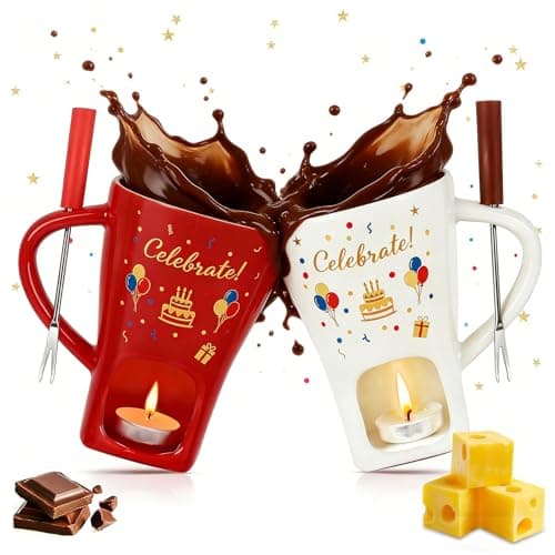 HANEVEAR Chocolate Fondue Mug, Mini Personal Chocolate Melting Mug with 4 Forks and 4 Tealights, Ceramic Fondue Cup for Cheese, Butter - Birthday Gift, Date Night & Wedding Celebrations - Image 1