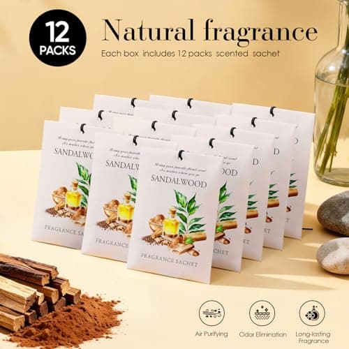 HOMELLAX Sandalwood Scented Sachet Bags - 12 Pack Drawer & Closet Freshener, Long Lasting Odor Eliminator for Wardrobes, Cars & Storage, Home Fragrance Air Freshener Sachets - Thumbnail 4