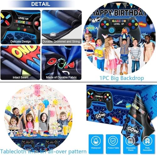 Video Game Party Decorations Set – 75Pcs Gamer Birthday Supplies with Gaming Backdrop, Hanging Swirls, Table Cover, Controller Foil Balloons，Cake Toppers for Game Night, Room Decor - Thumbnail 6