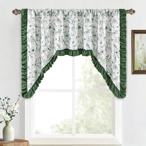Yinhua Floral Valances for Windows, French Country Ruffle Swag Curtains, Linen Light Filtering Window Valances Rod Pocket Kitchen Curtains Valance for Living Room, 60" W x 36" L, 1 Panel, Green - Image 1