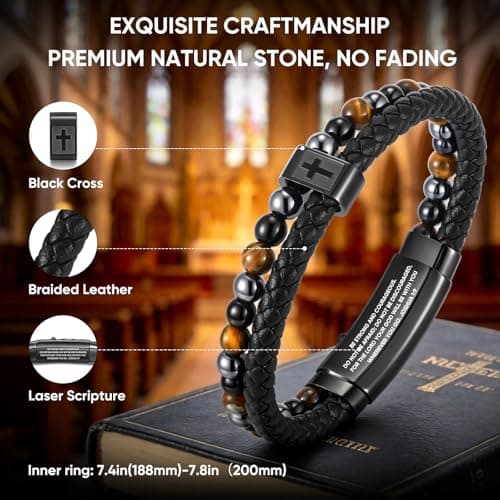 Cross Bracelet for Men Him - Triple Protection Hematite Black Obsidian Tiger Eye Beaded Bracelets, Faith Religious Happy Easter Catholic Christian Communion Baptism Gift Easter Basket Stuffers - Thumbnail 4