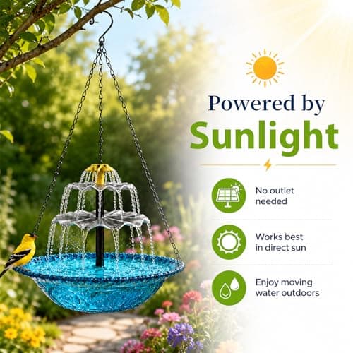 Hanging Bird Bath with Textured Bowl and Metal Chains, Solar Fountains with Cascade Flow for Outdoor Garden, Patio, and Yard Decor (Pink(L)) - Thumbnail 5