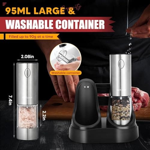 Electric Salt and Pepper Grinder Set with Charging Base - One Handed Automatic Spice Mill, Adjustable Coarseness Pepper Grinder, LED Light, Stainless Steel for Modern Kitchen & BBQ - Thumbnail 5