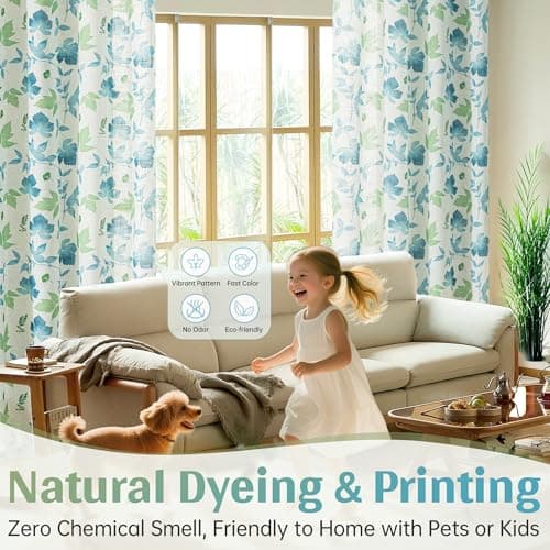 Blue Country Curtains 63 Inches Long for Living Room Light Filtering- 2 Panel Floral Leaves Patterned Semi Sheer Curtains for Farmhouse Bedroom Dining Room, 52 x 63 inch, Green and Light Blue Printed - Thumbnail 2