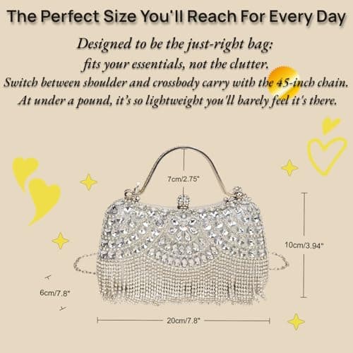 LUKLUKTAISUN 2026 Fringe Rhinestones Clutch Purse for Women Elegant Mesh Evening Bag Crystal Handbag for Prom Wedding(Silver) - Thumbnail 5