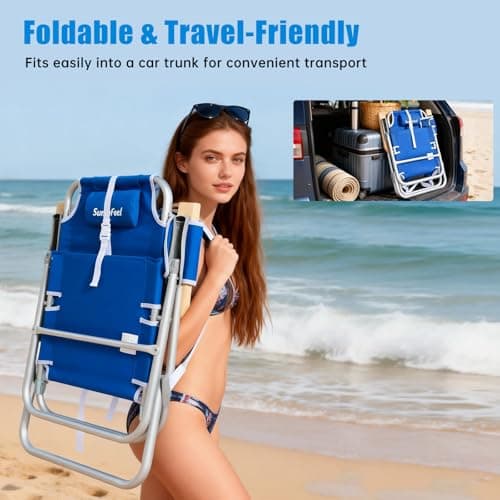SUNNYFEEL Tall Beach Chair, Reclining Beach Chair with 5-Position, Portable Camping Chair for Adults with Wood Armrest, Lightweight Camping Chair 300 lbs Heavy Duty, Blue - Thumbnail 6