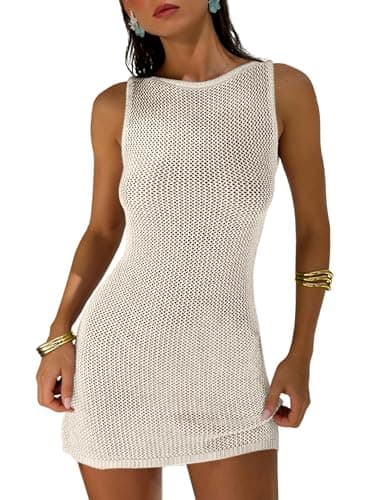 ANRABESS Women Swimsuits Cover Up Slim Crochet Swimwear Summer Tank Little Dress Bathing Suit Vacation Beach Clothes Outfits Beige Large - Image 1