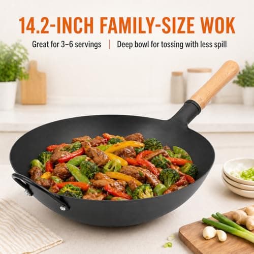 WANGYUANJI 14.2" Carbon Steel Wok Round Bottom (Gas Stove Only Requires Separate Wok Ring for Flat Grates) Heavy Duty Nitriding Iron Stir Fry Pan (Spatula & Brush Included - Lid & Ring NOT Included) - Thumbnail 3