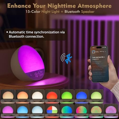 Tap-to-Snooze Sunrise Alarm Clock with Sound Machine, 36 Sounds White Noise Machine for Sleeping Adults, Gradual Sunrise Clock with Bluetooth Speaker & Remote Control, 15-Color Night Light丨Putty - Thumbnail 5