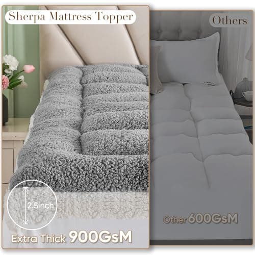 Cymula California King Mattress Topper, Sherpa Mattress Pad for Cal King Bed with 900GSM Down for Back Pain Extra Thick Mattress Cover Pillow Top with 8-21" Pockets, Grey - Thumbnail 5