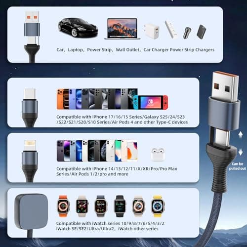 3 in 2 USB A/C Multi Charger Cable, Charging Cable for iWatch Charger/iPhone 17 Charger/IP, Braided Multiple Charger Cord Compatible with iPhone 17-11/iWatch Series 11-1/ultra/se/Car/Home 5FT - Thumbnail 5