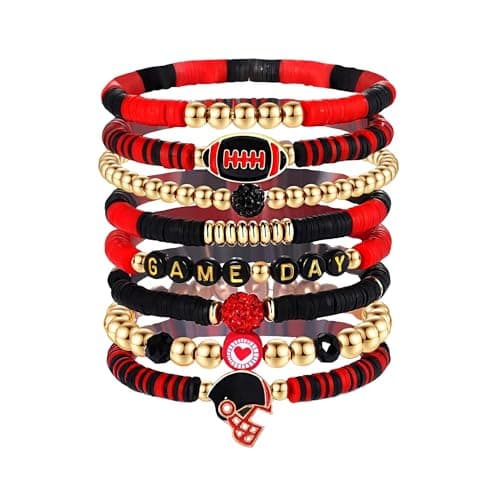 Sistble Game Day Bracelets for Women Stackable Red Black Football Bracelets Gifts Stretch Beaded Bracelets Sport Football Mom Gameday Outfits Accessories - Image 1