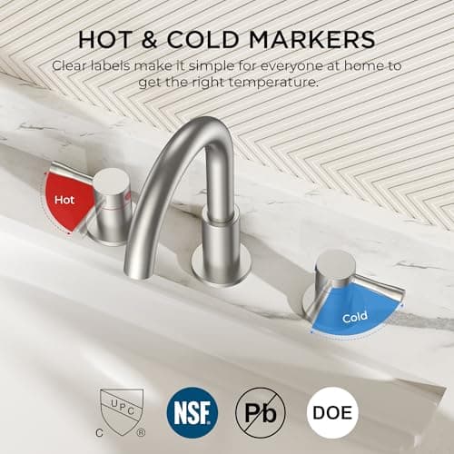 FORIOUS Brushed Nickel Bathroom Faucet 3 Hole, 360° Swivel 8 Inch Widespread Bathroom Sink Faucet with Pop Up Drain 2 Handle Faucets for Sink, Vanity, RV, Lavatory, Farmhouse - Thumbnail 4