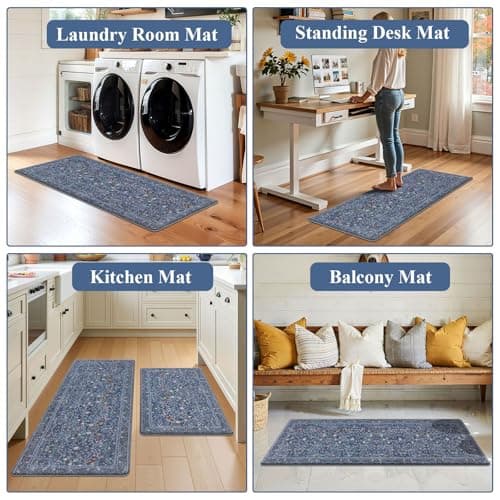 U'Artlines Double-Sided Kitchen Rugs Set of 2,Kitchen Anti Fatigue Mats Non Slip Padded Floor Standing Desk Mat,PVC Waterproof & Stain Resistant Carpet Blue Floral Rugs for Laundry Room Office Sink - Thumbnail 6