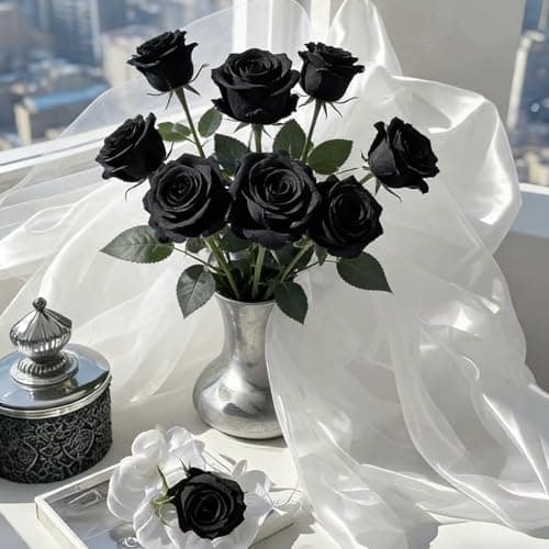 Wenhuidr 12pcs Black Roses Artificial Flowers – Realistic Silk Velvet Fake Rose with Long Stems for Valentines Day Wedding Bouquets Home Decoration Party Centrepieces & DIY Floral Arrangements - Thumbnail 4