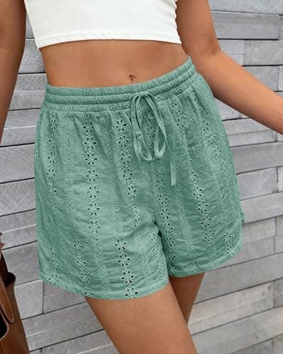 KIRUNDO Shorts for Women Summer Casual Lace Elastic Waist Drawstring Cute Eyelet Boho Lounge Shorts Beach Vacation Outfits(Sage Green, Medium) - Thumbnail 5