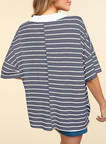 Dokotoo Tops for Women Trendy 2026 Summer Grey Striped Polo Shirt Women Short Sleeve Shirts for Women Dressy Casual Womens Tops Color Block Women's Blouses Oversized Tshirts Women Clothing S - Thumbnail 2