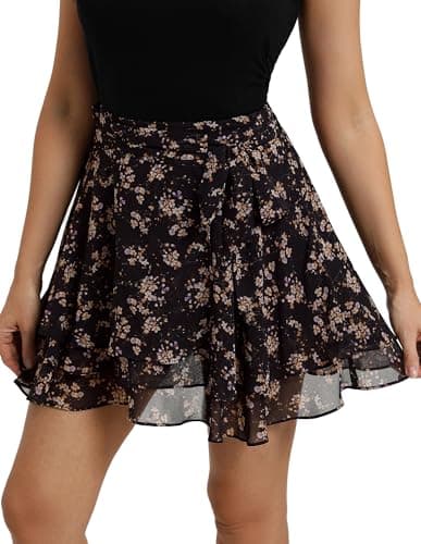Belle Poque Women's Flowy Ruffle Mini Skirt with Shorts Underneath Elastic Waist Boho Skirt Floral Mini Skirt Summer Trendy 2026 Brown Flowers Print XL - Image 1