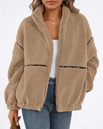 KIRUNDO Sherpa Jacket Women Fleece Oversized Zip Up Winter Coats Fall Jackets Faux Fur Warm Outwear 2026 Fashion Clothing(Khaki, Medium) - Thumbnail 5