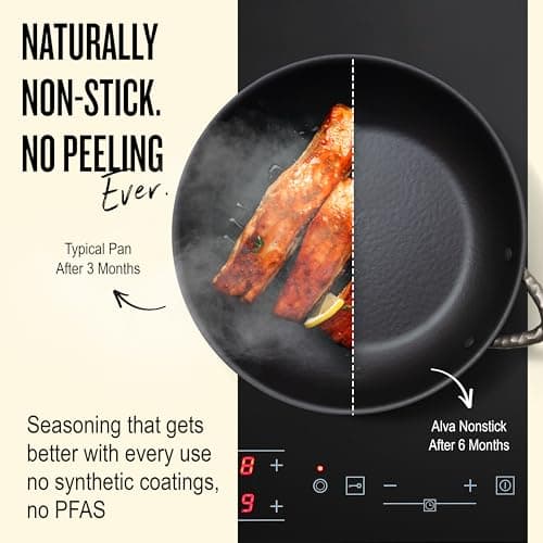 Alva Artist 11 Inch Carbon Steel Frying Pan, Pre-Seasoned Hand-Forged Skillet, Naturally Nonstick, No PTFE, PFOA or PFAS, Induction and Oven Safe Chef Pan for Steak, Eggs, Searing and Sautéing - Thumbnail 4