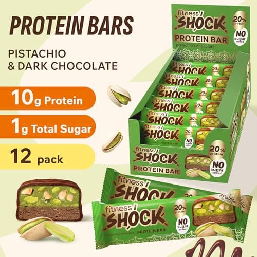 Fitness SHOCK Pistachio Chocolate Protein Bars - No Added Sugar, Low Calorie Low Carb Snack - 10g Protein, 0g Added Sugar, 180 Kcal, 15g Net Carbs, 8g Fat - 12 x 50g - Thumbnail 5