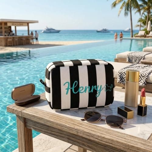 VKPOYNRO Custom Name Makeup Bag, Striped Padded Cosmetic Organizer, Dual-use Travel Toiletry Bag, Large Capacity Zipper Storage Pouch, Elegant Gift for Women - Thumbnail 4