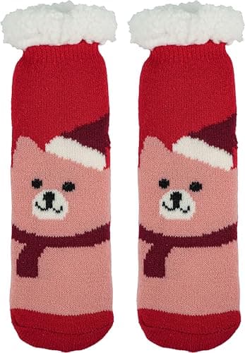 BenSorts Girls Boys Slipper Socks Warm Lining Soft Winter Thick Christmas House Socks for Kids Gifts Stripe Reindeer Red Bear 2 Pairs 8 9 10 11 12 Years - Thumbnail 6