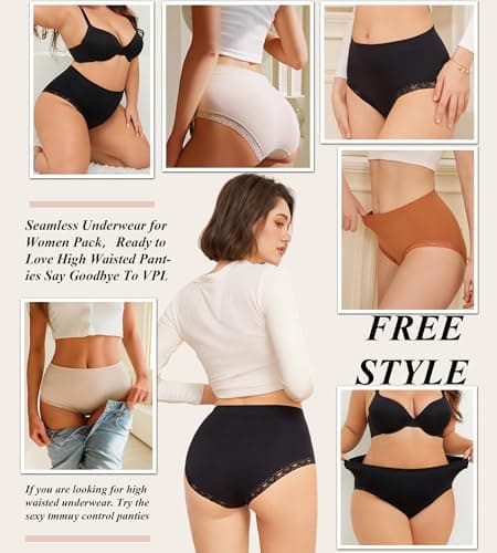 READY TO LOVE Womens Underwear High Waisted Seamless Lace Panties Breathable Full Coverage Plus Size Brief 5-Pack - Thumbnail 6