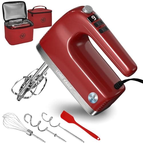 Lord Eagle 9-Speed Digital Hand Mixer Electric Handheld, 500W DC Motor Kitchen Mixer for Cake Baking, Lightweight Egg Beaters with Stain-resistant & Waterproof Storage Bag & 6 Accessories, Red