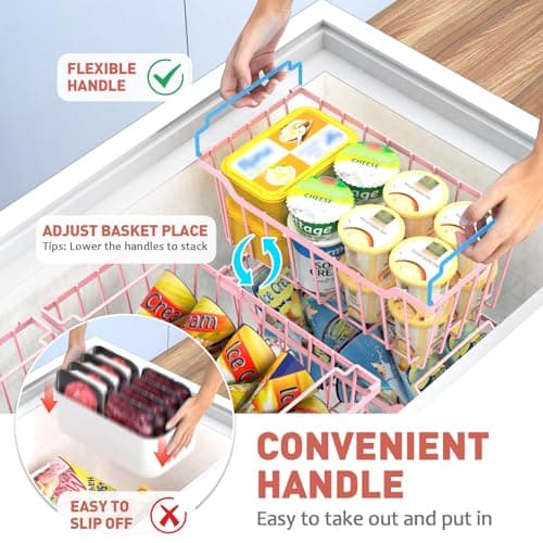 Goovilla Freezer Organizer Bins with Foldable Handle, 4 Pack Stackable Freezer Baskets for 3.5-7 Cu.FT Deep Chest Freezer Organization, Pink Metal Freezer Storage Bins with Better Space Utilization - Thumbnail 3