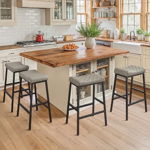 Compsia Counter Height Bar Stools Set of 4, Barstools with Thick PU Leather Saddle Seat & Black Metal Legs,24Inch Kitchen Counter Stools,Dark Beige Grey