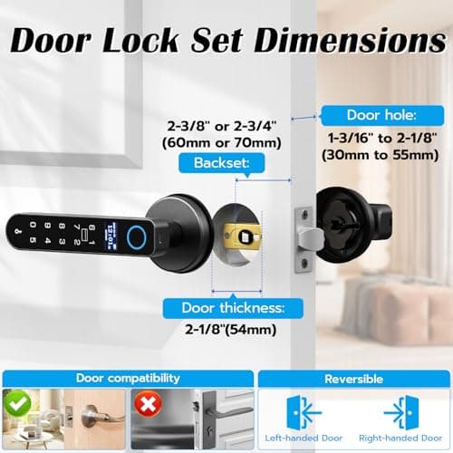 Fingerprint Keyless Entry Bedroom Door Lock with Code RFID Card NFC APP Keypad, Smart Biometric Automatic Interior Door Handle with Lock for Indoor Hotel Pantry Apartment Office Home, Black - Thumbnail 5