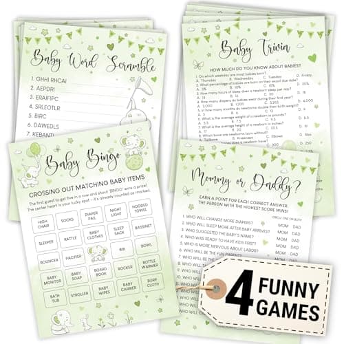 Woodamore Elephant Baby Shower Games for Boy Girl - Set Of 4 Funny Baby Games For Baby Shower Party, Baby Shower Bingo Cards, Baby Word Scramble Mommy Or Daddy Game Green Baby Shower Decorations - Image 1