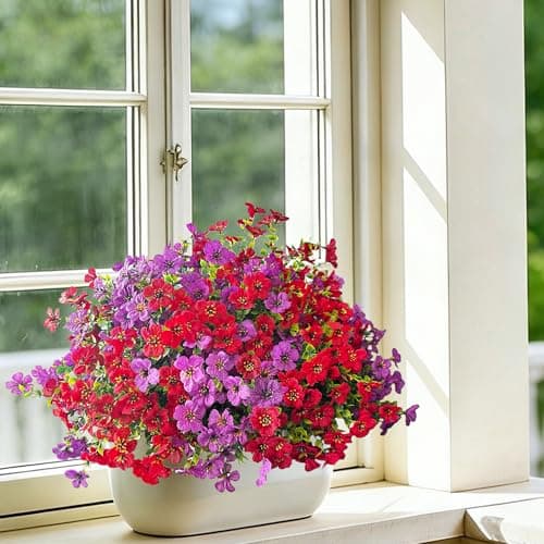 QSPEROV Artificial Flowers for Outdoors UV Resistant, 12 Bundles Realistic Faux Daisy with Eucalyptus Leaves Fake Plants for Porch Patio Planter Garden Decoration (Red Light Purple) - Thumbnail 6