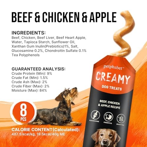 PETPHABET Lickable Squeeze Treats for Dogs, Creamy Puree Dog Food Meal Topper, Puppy Pouch Treats for Training and Enrichment, Healthy Beef Chicken & Apple Recipe (11.2 oz / 8 Pack) - Thumbnail 2