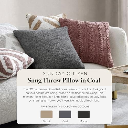 Sunday Citizen Snug Throw Pillow – Soft Memory Foam Decorative Pillow, Plush Snug Fabric Cover, Cozy Sofa & Bed Pillow, Washable Cover, Luxury Throw Pillow (Coal) - Thumbnail 2