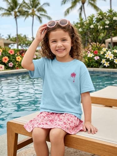 QIXYN Girls Hawaiian Shirt Palm Tree Graphic Tee Summer Beach Vacation Tops - Thumbnail 3