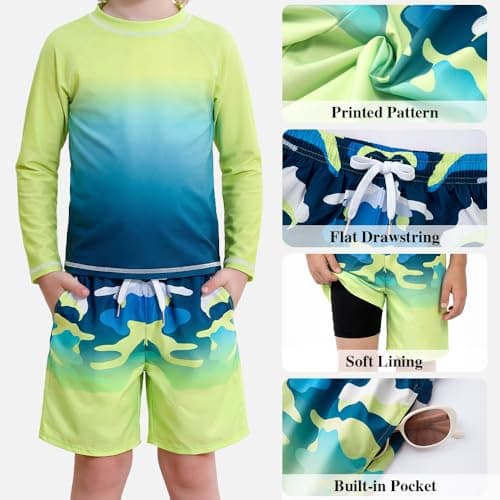 Belovance Boys Two Piece Rash Guard Swim Set Kids Long Sleeve Bathing Suit Swimwear Shirt with Trunks Swimming Suits Surfing Beach Clothes Quick Dry Size 6 7 Yellow Blue Camo - Thumbnail 5