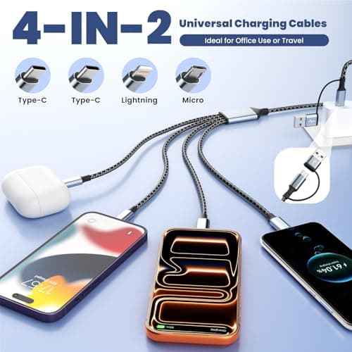 Travel Essentials,Dual Type-C 4 in 2 Multi Charging Cable for Multiple Devices,USB C/A Charger Cables Universal Phone Charger Cord with IP/Micro/2 USB-C Port for iPhone16/15, Android Tablet,2Pack 5FT - Thumbnail 3