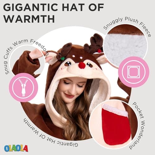 OLAOLA Reindeer Wearable Blanket Hoodie for Adult, Oversized Animal Hooded Blanket with Pockets & Sleeves, Soft Sherpa Reindeer Style Sweatshirt Comfy for Birthday Gifts - Thumbnail 6
