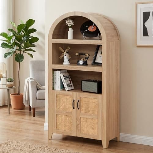Fragess 72" Arched Storage Cabinet with Beech-Rattan Door, Modern Farmhouse Wooden Bookcase with Adjustable Shelves – Versatile Kitchen Pantry, Living Room Display, and Bedroom Storage (Natural) - Image 1