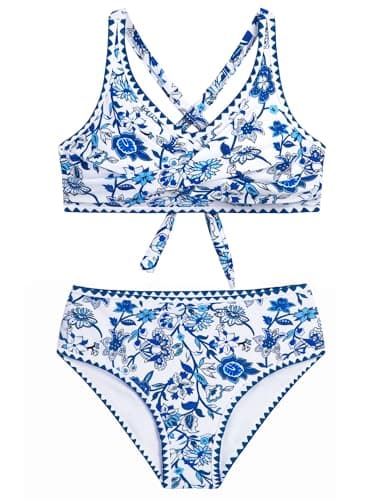 HOZIY Bikini Sets for Teens Size 10-12 Blue Floral Teen Tie Back Bathing Suit Swimsuits Tween Adjustable Straps Swim Suit 2 Piece Kids Swimwear - Thumbnail 6