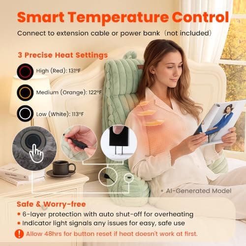 Amélie Home Heated Faux Fur Reading Pillow 3 Temperature Backrest for Sitting in Bed Support Cushion, USB-Powered(No Power Bank Included) Warming (113°F-131°F), 3H Auto Shutoff, Sage Green, 26 Inches - Thumbnail 4