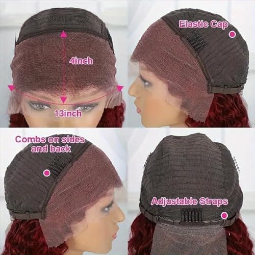 NKTU 30inch Burgundy Lace Front Wigs Human Hair- 99j Deep Wave HD Transparent Lace Frontal Wigs for Women Wine Red Glueless Pre Plucked with Baby Hair 180 Density - Thumbnail 4
