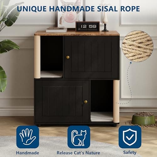 Garvee Cat Litter Box Enclosure for 2 Cats, Double Hidden Litter Box Furniture Cabinet with 2 Scratch Mat and Scratch Post, Modern Farmhouse Wooden Enclosed Cat Washroom, End Side Table - Thumbnail 5