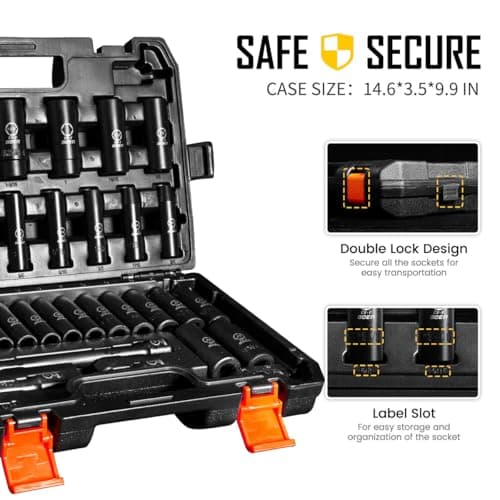 BOEN 35-Piece 1/2" Drive Deep Impact Socket Set - SAE 3/8"-1-1/4" & Metric 8-24mm, Extensions, Joint & Adapter, Cr-V Steel, Double Lock Case - Thumbnail 5