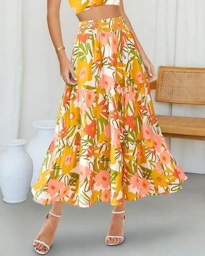 BTFBM Skirts for Women Summer 2026 Floral Print A Line Elastic High Waist Boho Maxi Skirt Spring Fashion Clothing Pocket(Floral White Yellow, Medium) - Thumbnail 3