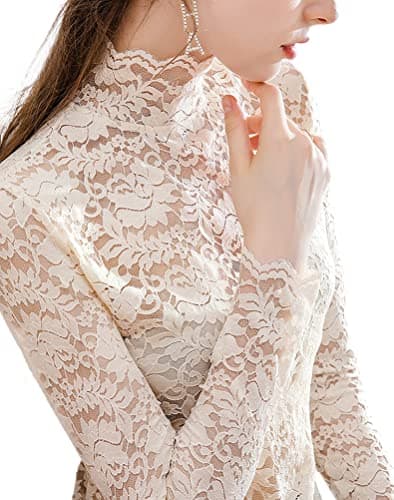 QiuDumo Women's Retro Lace Tops Sheer Casual Bodycon Blouse Boho Jumper Shirts Plu Apricot XXXL - Thumbnail 4